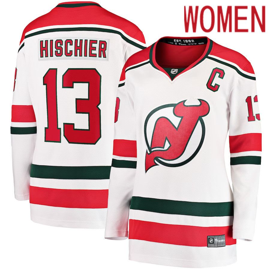 Women New Jersey Devils #13 Nico Hischier Fanatics Branded White 2022-23 Heritage Premier Breakaway NHL Jersey